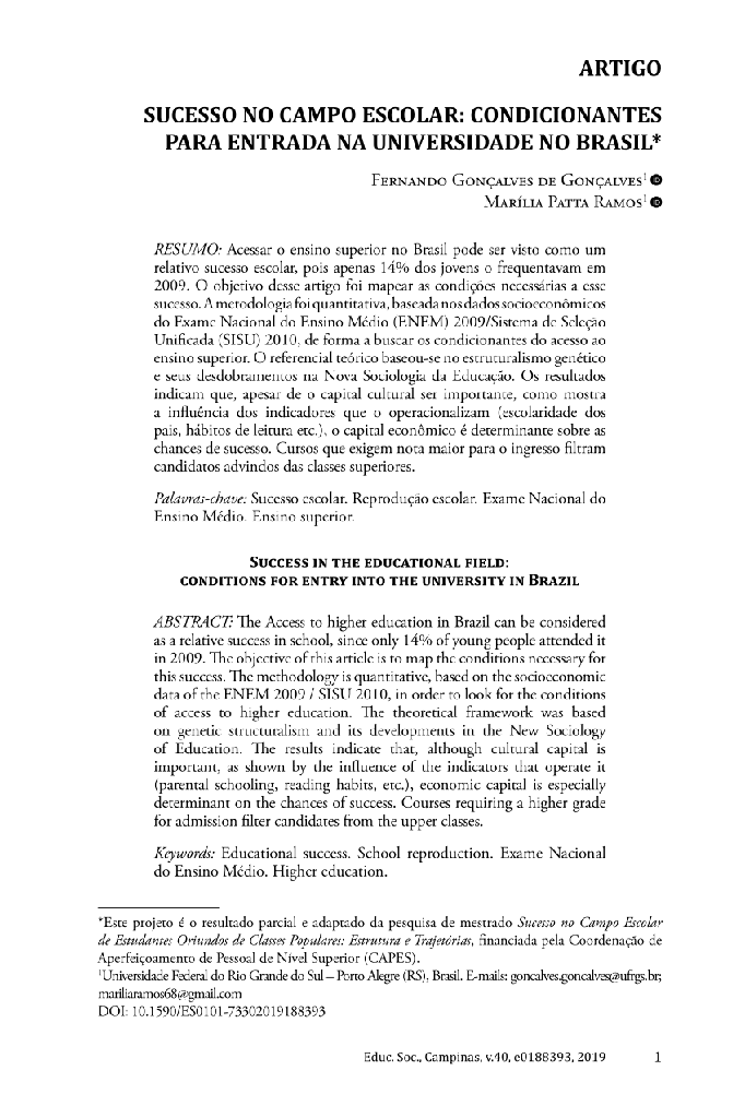 SUCESSO NO CAMPO ESCOLAR: CONDICIONANTES PARA ENTRADA NA UNIVERSIDADE NO BRASIL