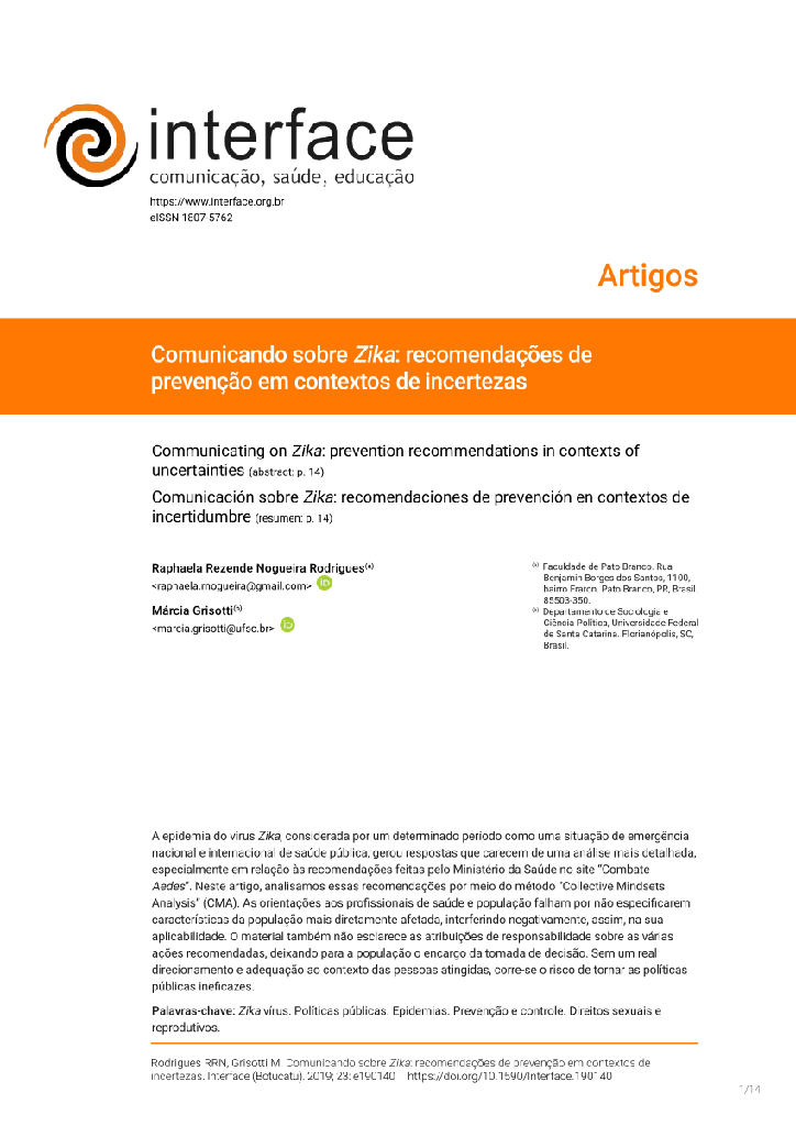 Comunicando sobre Zika: recomendações de prevenção em contextos de incertezas