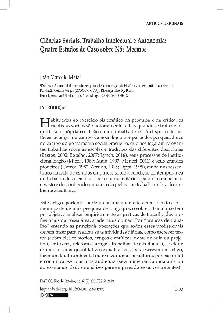 Ciências Sociais, Trabalho Intelectual e Autonomia: Quatro Estudos de Caso sobre Nós Mesmos