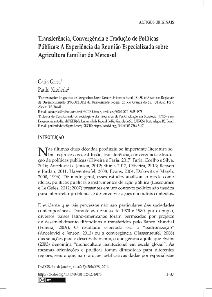 Transferência, Convergência e Tradução de Políticas Públicas: A Experiência da Reunião Especializada sobre Agricultura Familiar do Mercosul