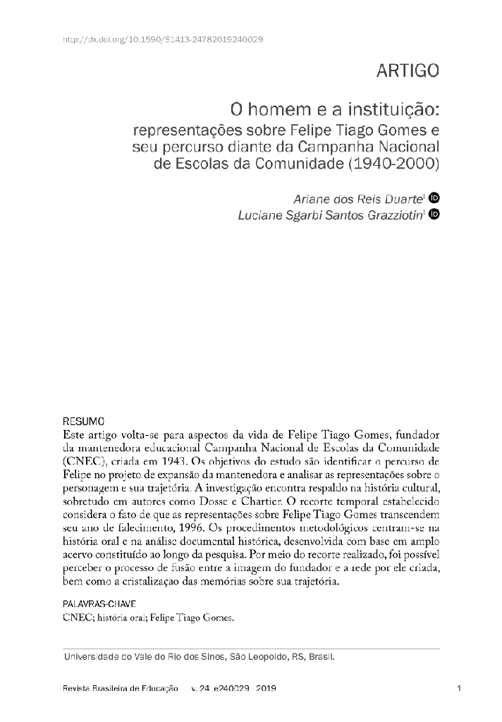 O homem e a instituição: representações sobre Felipe Tiago Gomes e seu percurso diante da Campanha Nacional de Escolas da Comunidade (1940-2000)