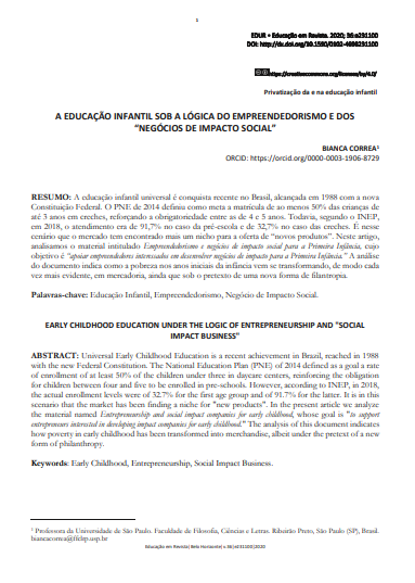A EDUCAÇÃO INFANTIL SOB A LÓGICA DO EMPREENDEDORISMO E DOS “NEGÓCIOS DE IMPACTO SOCIAL”
