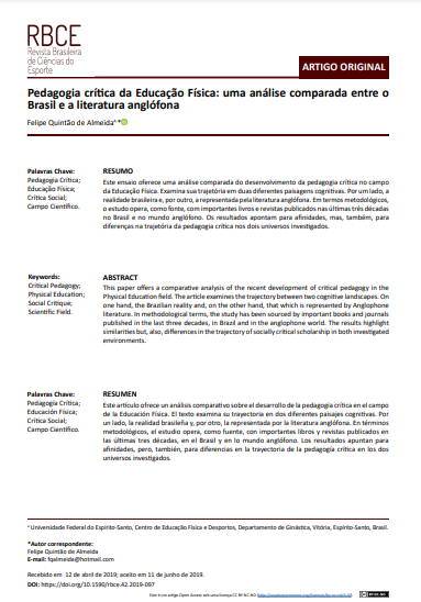 Pedagogia crítica da Educação Física: uma análise comparada entre o Brasil e a literatura anglófona