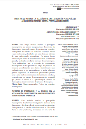 PROJETOS DE PESQUISA E A RELAÇÃO COM A METACOGNIÇÃO: PERCEPÇÕES DE ALUNOS PESQUISADORES SOBRE A PRÓPRIA APRENDIZAGEM