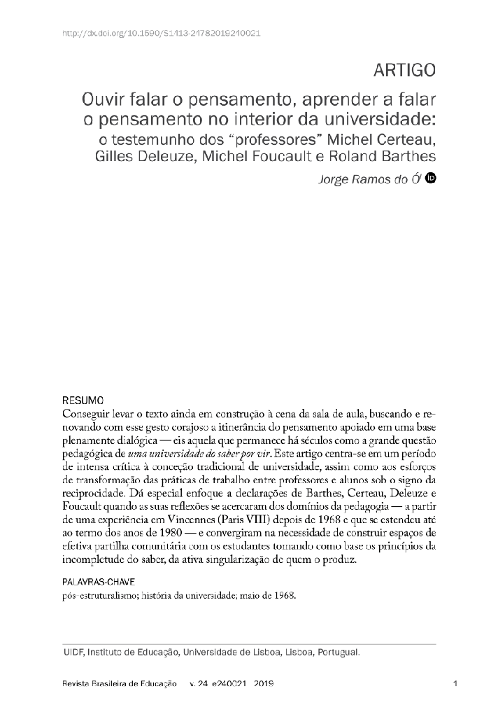 Ouvir falar o pensamento, aprender a falar o pensamento no interior da universidade: o testemunho dos “professores” Michel Certeau, Gilles Deleuze, Michel Foucault e Roland Barthes