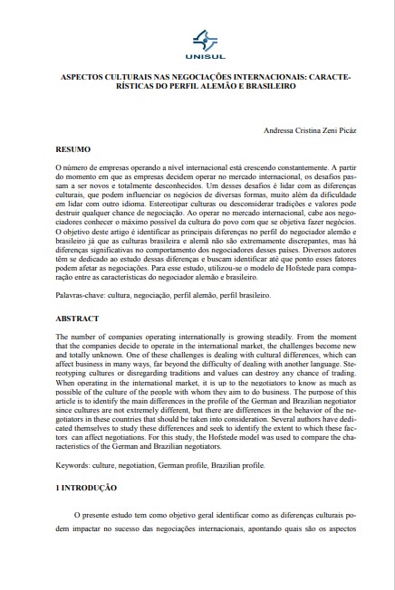 Aspectos culturais nas negociações internacionais: características do perfil alemão e brasileiro