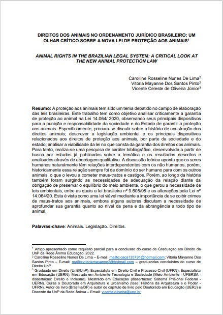 Direitos dos animais no ordenamento jurídico brasileiro: um olhar crítico sobre a nova lei de proteção aos animais