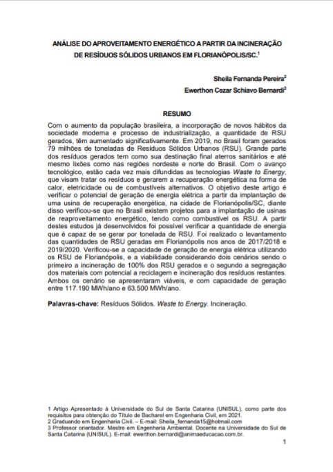 Análise do aproveitamento energético a partir da incineração de resíduos sólidos urbanos em Florianópolis/SC