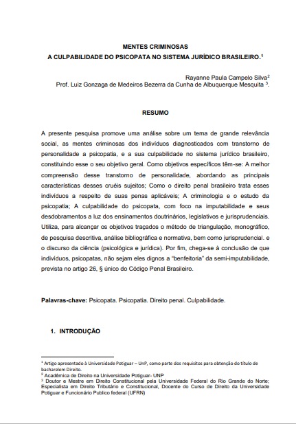 Mentes criminosas a culpabilidade do psicopata no sistema jurídico brasileiro