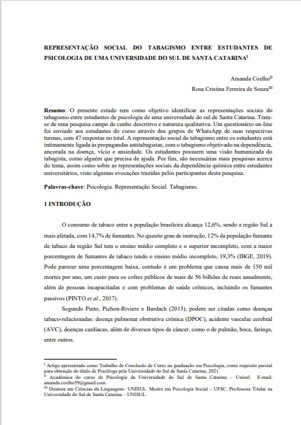 Representação Social do tabagismo entre estudantes de psicologia de uma universidade do sul de Santa Catarina
