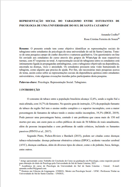 Representação Social do tabagismo entre estudantes de psicologia de uma universidade do sul de Santa Catarina