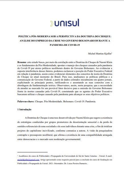 Política pós-moderna sob a perspectiva da doutrina do choque: análise do emprego da crise no governo bolsonaro durante a pandemia de covid-19