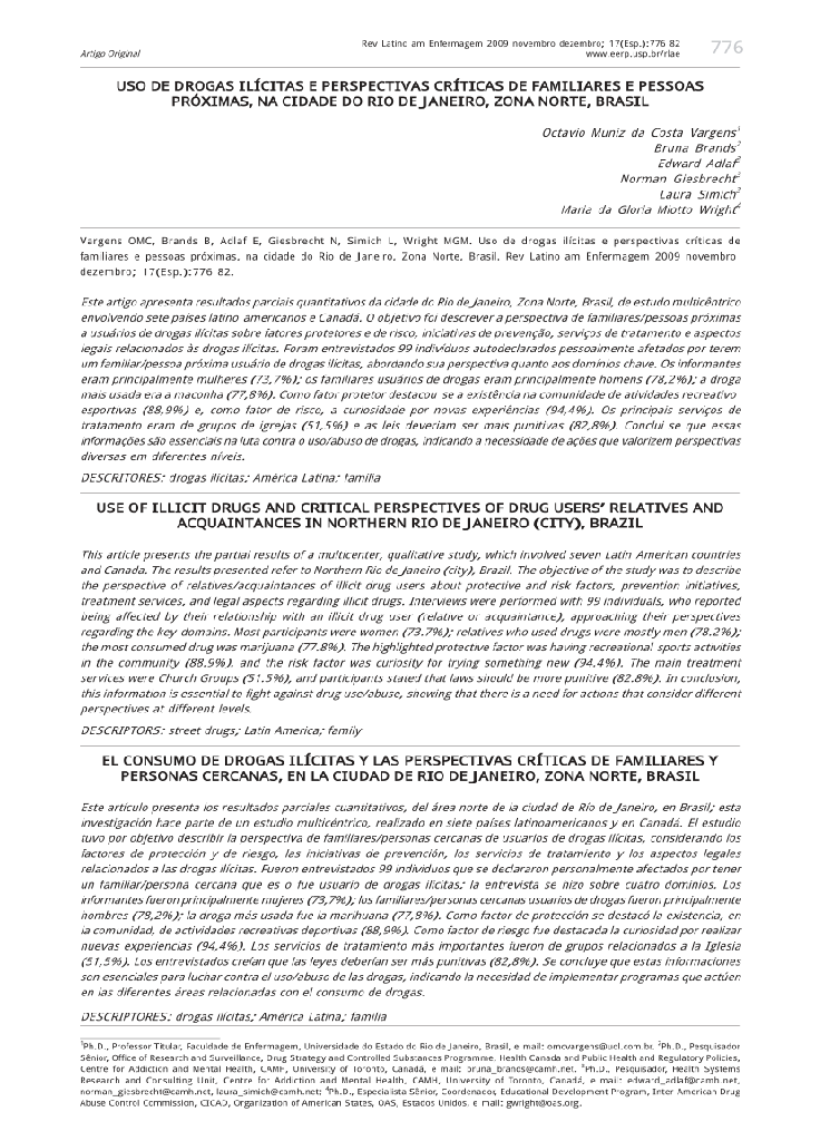 Uso de drogas ilícitas e perspectivas críticas de familiares e pessoas próximas, na cidade do Rio de Janeiro, Zona Norte, Brasil