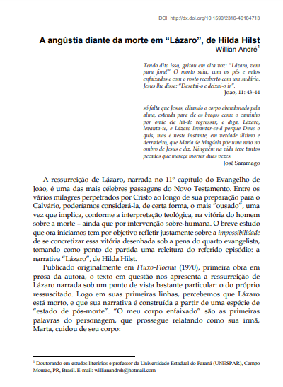 A angústia diante da morte em &quot;Lázaro&quot;, de Hilda Hilst