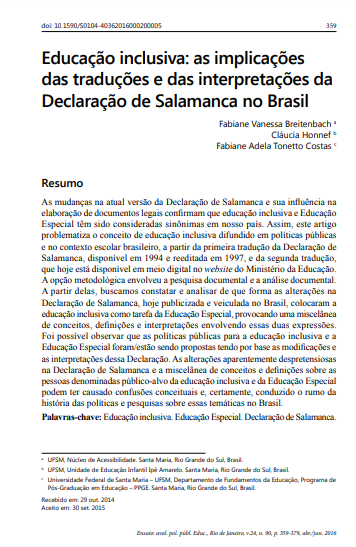 Educação inclusiva: as implicações das traduções e das interpretações da Declaração de Salamanca no Brasil