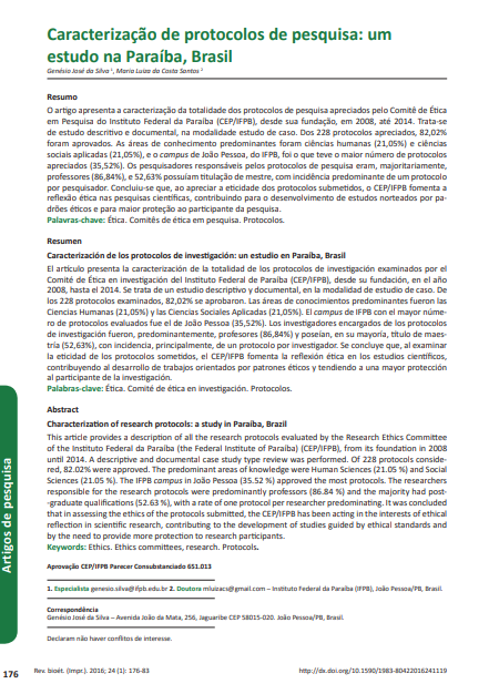 Caracterização de protocolos de pesquisa: um estudo na Paraíba, Brasil