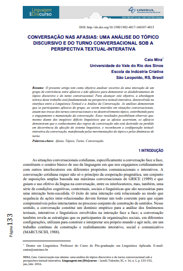 CONVERSAÇÃO NAS AFASIAS: UMA ANÁLISE DO TÓPICO DISCURSIVO E DO TURNO CONVERSACIONAL SOB A PERSPECTIVA TEXTUAL-INTERATIVA