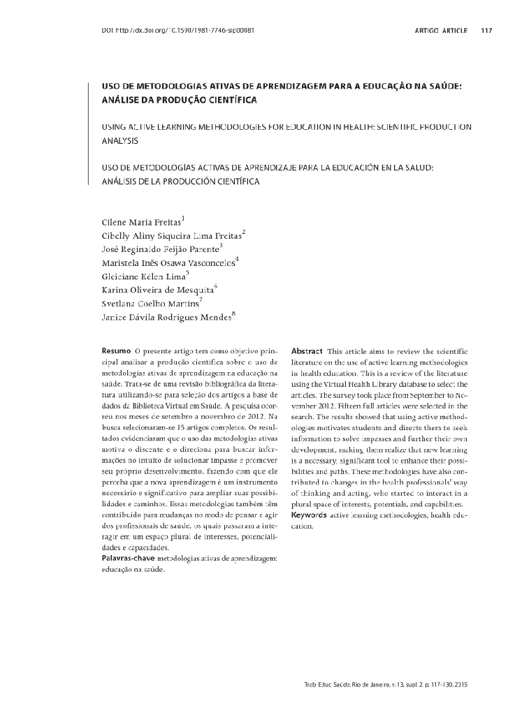 USO DE METODOLOGIAS ATIVAS DE APRENDIZAGEM PARA A EDUCAÇÃO NA SAÚDE: ANÁLISE DA PRODUÇÃO CIENTÍFICA