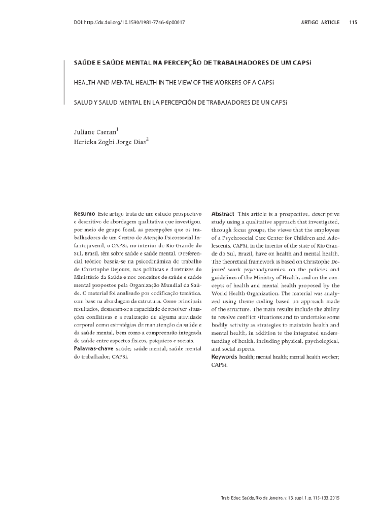 SAÚDE E SAÚDE MENTAL NA PERCEPÇÃO DE TRABALHADORES DE UM CAPSi