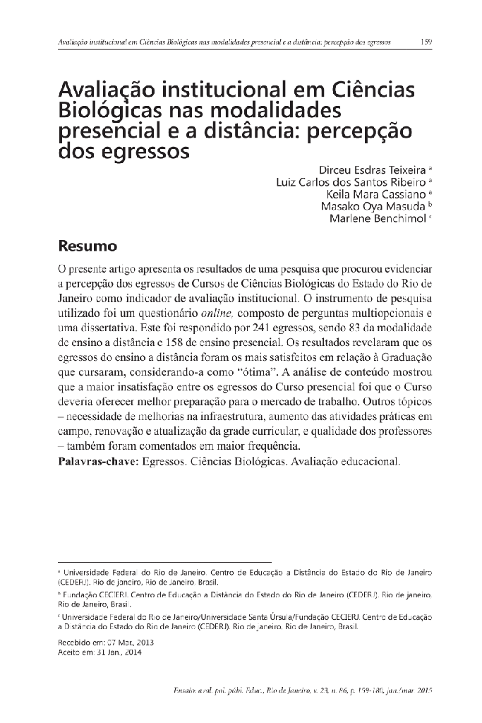 Avaliação institucional em Ciências Biológicas nas modalidades presencial e a distância: percepção dos egressos