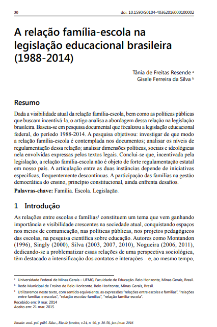 A relação família-escola na legislação educacional brasileira (1988-2014)
