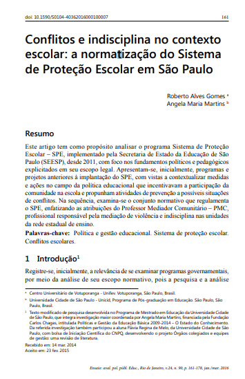 Conflitos e indisciplina no contexto escolar: a normatização do Sistema de Proteção Escolar em São Paulo