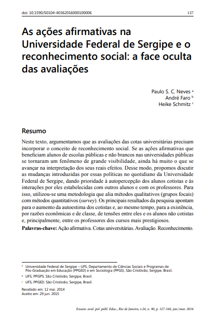 As ações afirmativas na Universidade Federal de Sergipe e o reconhecimento social: a face oculta das avaliações