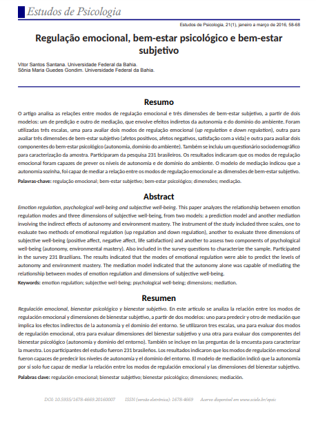 Regulação emocional, bem-estar psicológico e bem-estar subjetivo