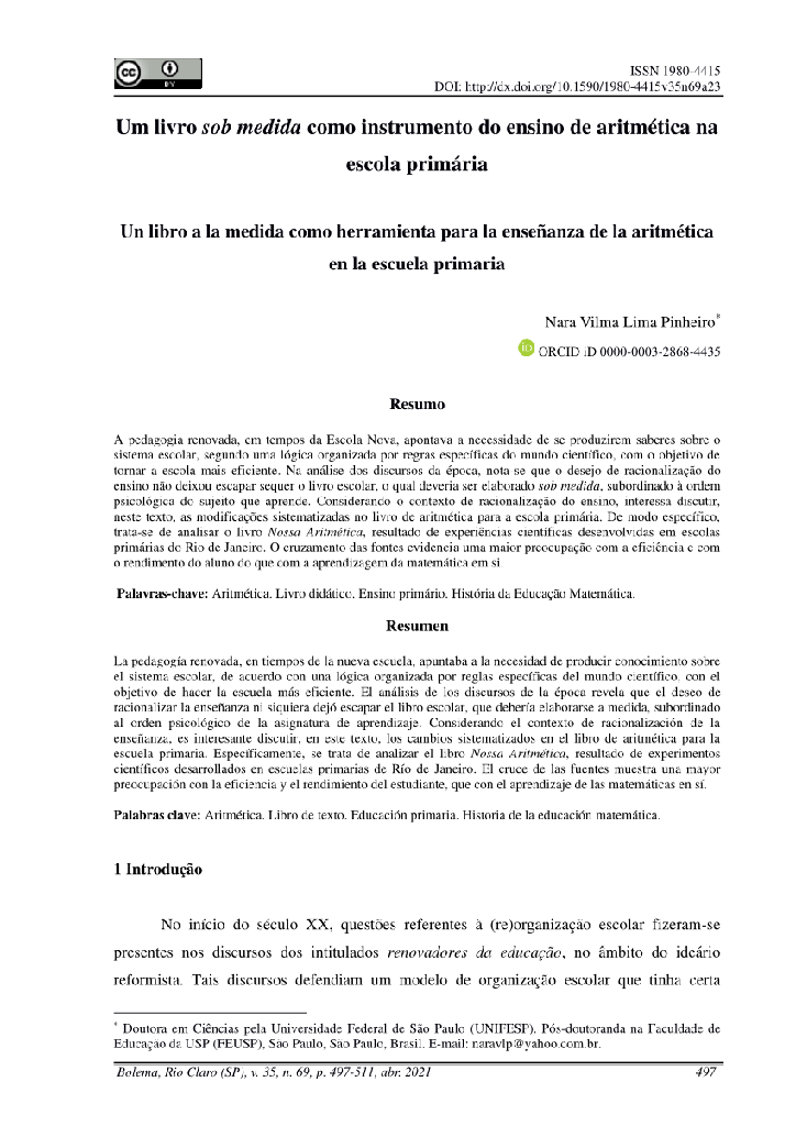 Um livro sob medida como instrumento do ensino de aritmética na escola primária