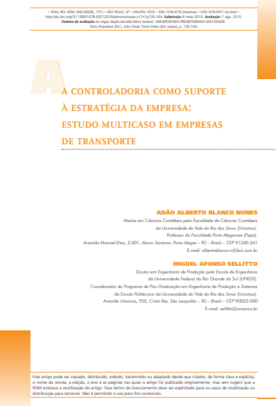 A CONTROLADORIA COMO SUPORTE À ESTRATÉGIA DA EMPRESA: ESTUDO MULTICASO EM EMPRESAS DE TRANSPORTE