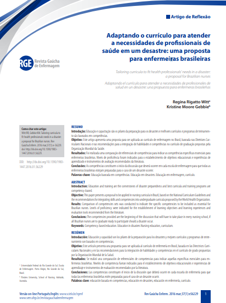 Adaptando o currículo para atender a necessidades de profissionais de saúde em um desastre: uma proposta para enfermeiras brasileiras