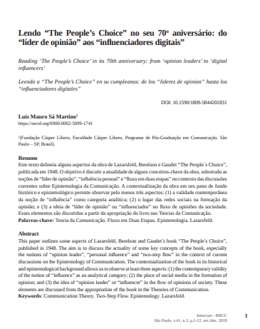 Lendo “The People’s Choice” no seu 70o aniversário: do “líder de opinião” aos “influenciadores digitais”