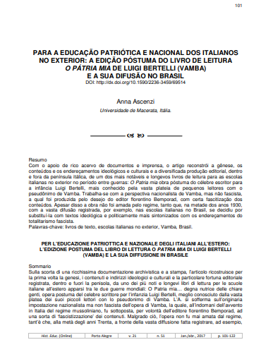 PARA A EDUCAÇÃO PATRIÓTICA E NACIONAL DOS ITALIANOS NO EXTERIOR: A EDIÇÃO PÓSTUMA DO LIVRO DE LEITURA O PÁTRIA MIA DE LUIGI BERTELLI (VAMBA) E A SUA DIFUSÃO NO BRASIL