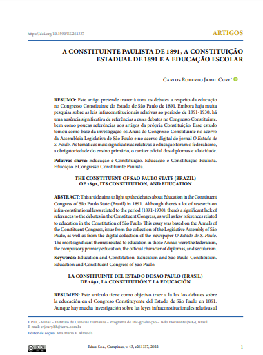 A CONSTITUINTE PAULISTA DE 1891, A CONSTITUIÇÃO ESTADUAL DE 1891 E A EDUCAÇÃO ESCOLAR