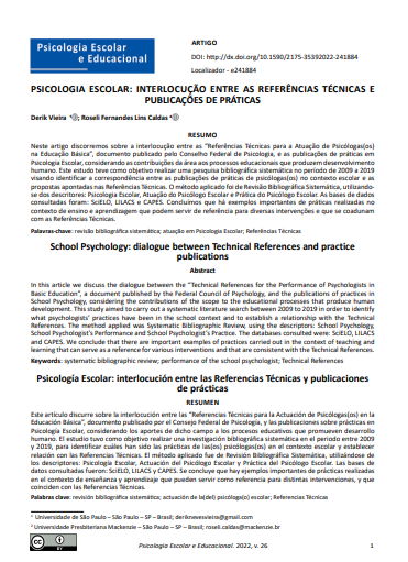 PSICOLOGIA ESCOLAR: INTERLOCUÇÃO ENTRE AS REFERÊNCIAS TÉCNICAS E PUBLICAÇÕES DE PRÁTICAS
