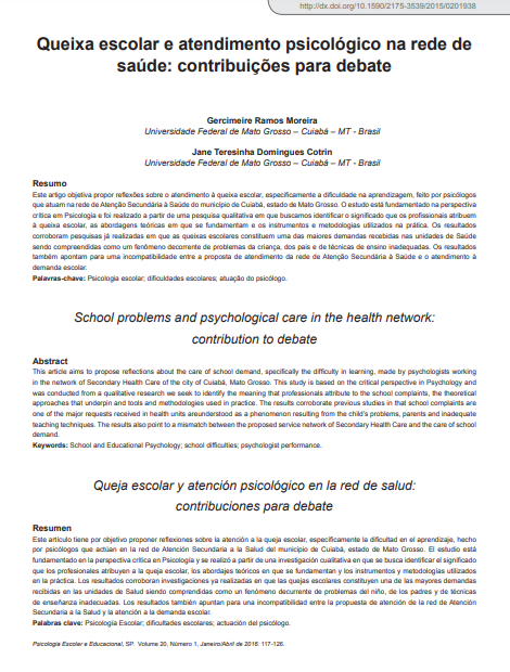 Queixa escolar e atendimento psicológico na rede de saúde: contribuições para debate