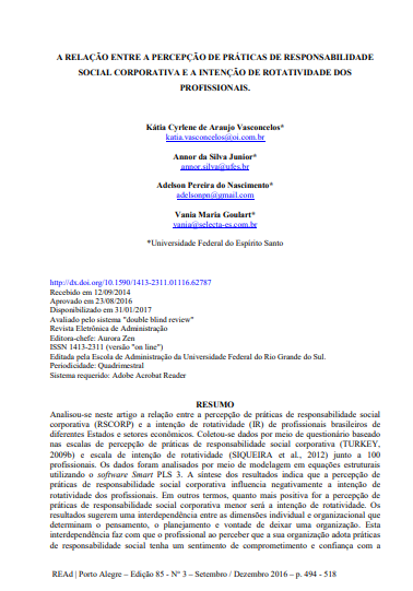 A RELAÇÃO ENTRE A PERCEPÇÃO DE PRÁTICAS DE RESPONSABILIDADE SOCIAL CORPORATIVA E A INTENÇÃO DE ROTATIVIDADE DOS PROFISSIONAIS.