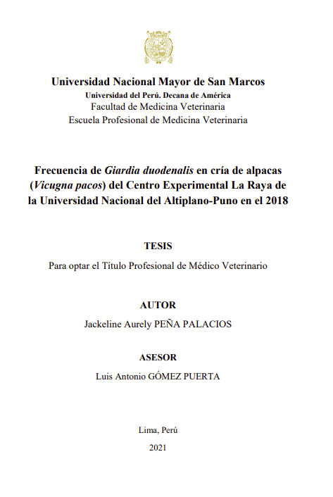 Frecuencia de Giardia duodenalis en cría de alpacas del Centro Experimental La Raya UNAP