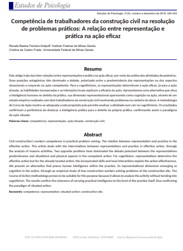 Competência de trabalhadores da construção civil na resolução de problemas práticos: A relação entre representação e prática na ação eficaz