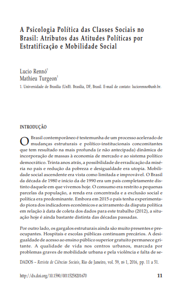 A Psicologia Política das Classes Sociais no Brasil: Atributos das Atitudes Políticas por Estratificação e Mobilidade Social