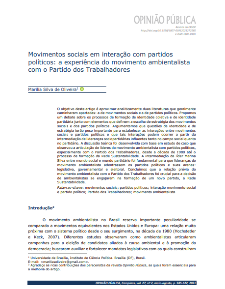 Movimentos sociais em interação com partidos políticos: a experiência do movimento ambientalista com o Partido dos Trabalhadores