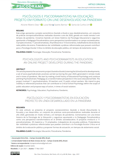 PSICÓLOGOS E PSICODRAMATISTAS NA EDUCAÇÃO: PROJETO EM FORMATO ON-LINE DESENVOLVIDO NA PANDEMIA