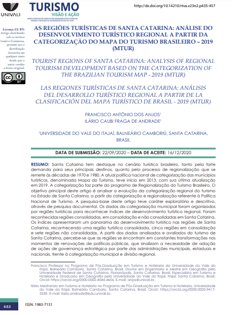AS REGIÕES TURÍSTICAS DE SANTA CATARINA: ANÁLISE DO DESENVOLVIMENTO TURÍSTICO REGIONAL A PARTIR DA CATEGORIZAÇÃO DO MAPA DO TURISMO BRASILEIRO - 2019 (MTUR)