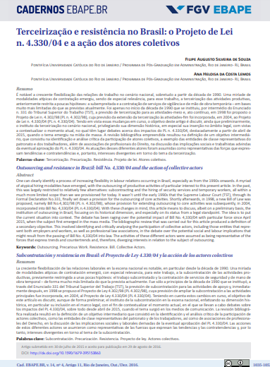 Terceirização e resistência no Brasil: o Projeto de Lei n. 4.330/04 e a ação dos atores coletivos