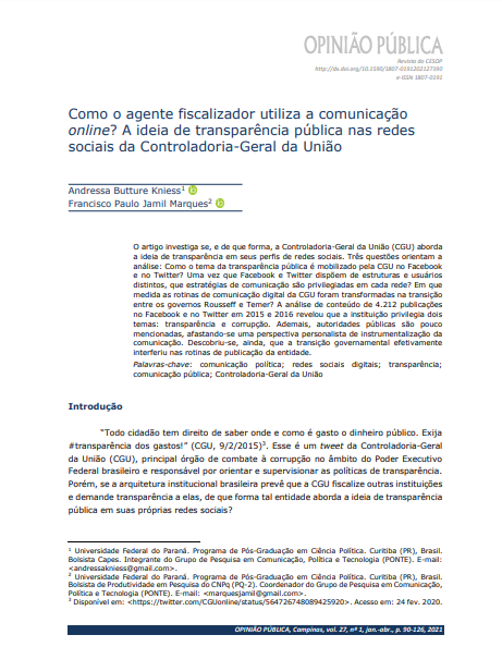 Como o agente fiscalizador utiliza a comunicação online ? A ideia de transparência pública nas redes sociais da Controladoria-Geral da União