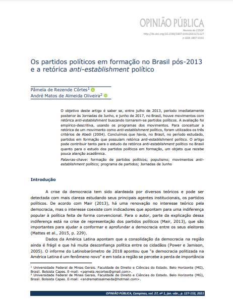 Os partidos políticos em formação no Brasil pós-2013 e a retórica anti-establishment político