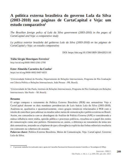 A política externa brasileira do governo Lula da Silva (2003-2010) nas páginas de CartaCapital e Veja: um estudo comparativo