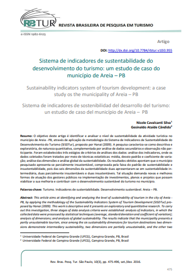 System of Sustainability Indicators for Tourism Development: a case study of the municipality of Areia