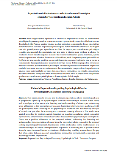 Expectativas de Pacientes acerca do Atendimento Psicológico em um Serviço-Escola: da Escuta à Adesão