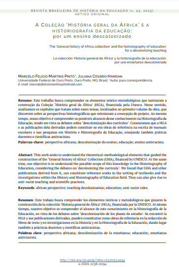 A Coleção ‘História geral da África’ e a historiografia da educação:por um ensino descolonizado